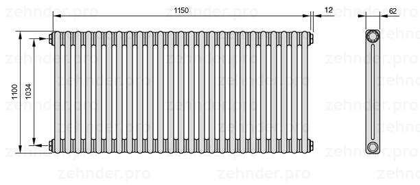 Схема (чертеж) Радиатор Zehnder Charleston 2110/25 №1270 Белый глянцевый RAL 9016
